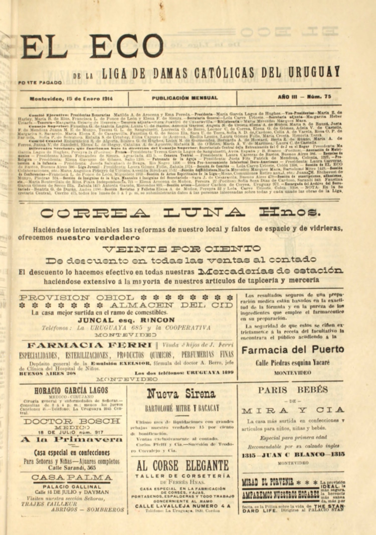 EL ECO (DE LA LIGA DE LAS DAMAS CATOLICAS DEL URUGUAY) del 15/01/1914